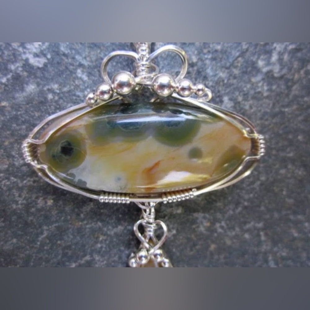 Vintage Ocean Jasper Double Stone Sterling Silver Wire Wrapped Pendant - Picture 4 of 5